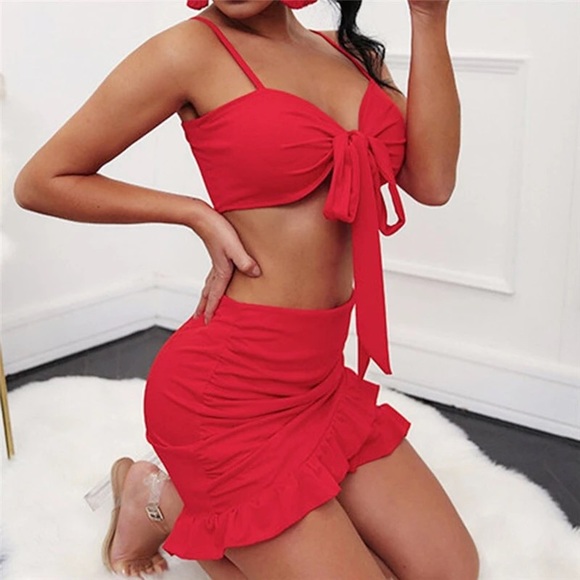 💥HP💥 Ruffles Causal Bow Crop Tops Bodycon Set - Picture 4 of 7